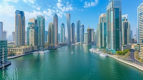 Captivating Modern Cityscape with Waterfront Marina and High-Rise Buildings Under Clear Blue Sky Photograph