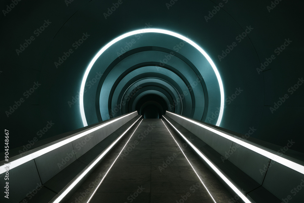 Obraz premium A modern, elongated corridor with a series of concentric circular arches illuminated in a cool blue hue.