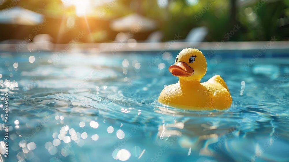A yellow rubber duck is floating in a pool of water. A yellow rubber duck is floating in a pool of water.