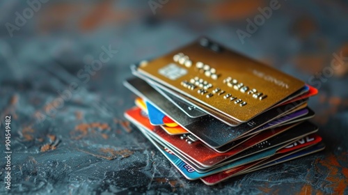 A stack of credit cards with a blue one on the bottom. The cards are piled on top of each other