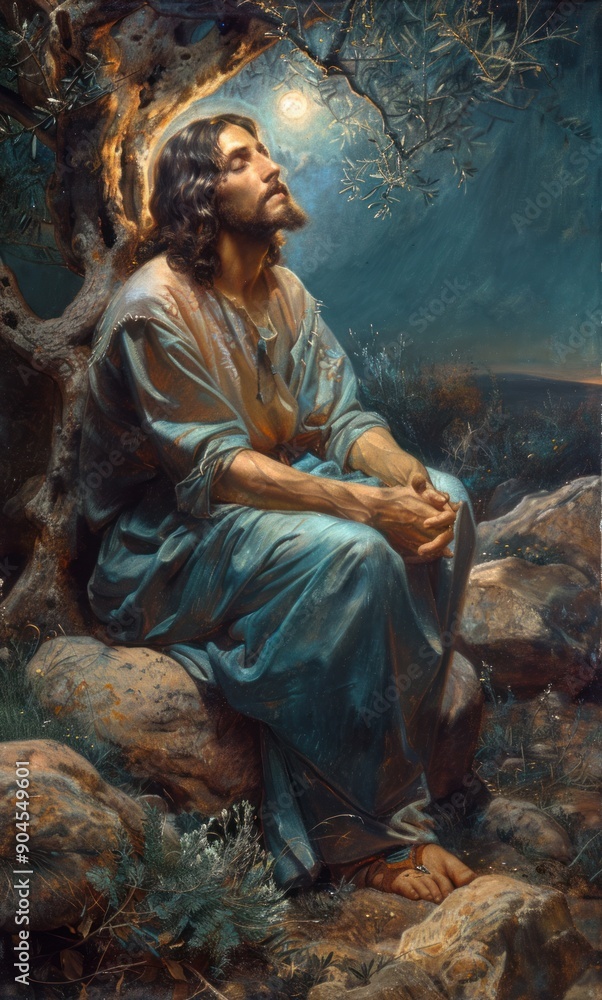 Spiritual reverence: Jesus Christ prays to god father, depicting profound act of prayer, exemplifying humility, spiritual communion between son and father in christian faith Spiritual reverence: Jesus Christ prays to god father, depicting profound act of prayer, exemplifying humility, spiritual communion between son and father in christian faith