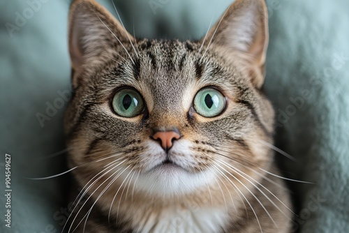 Beautiful Gray and White Tabby Cat with Green Eyes Looking at Camera, Light Background with Copy Space   © KADER