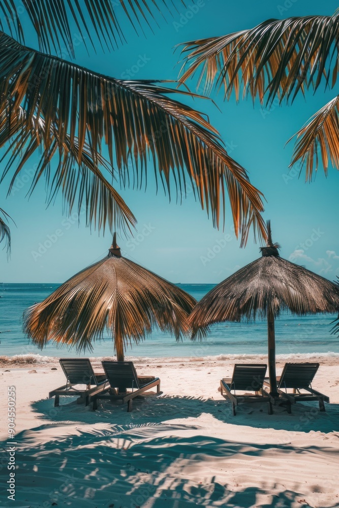 Fototapeta premium Two lounge chairs and umbrellas on a sunny beach