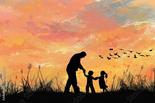 A man and two children walking together in a green field, a moment of unity and connection