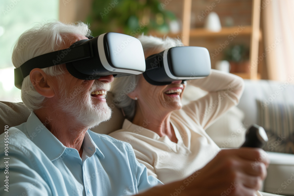 A man and a woman are sitting on a couch wearing virtual reality headsets A man and a woman are sitting on a couch wearing virtual reality headsets