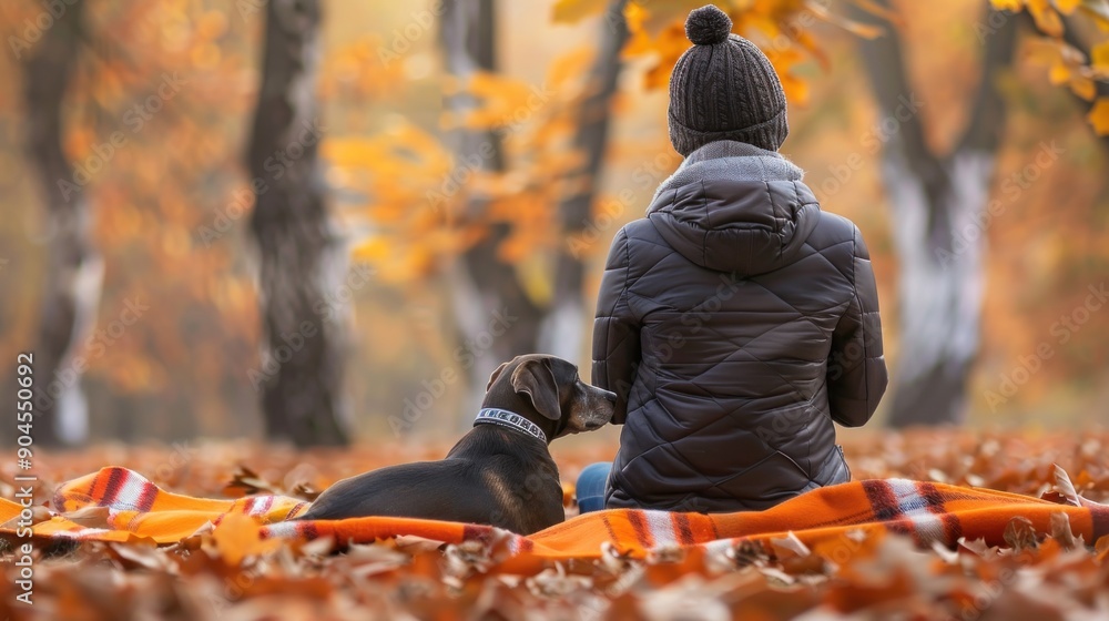 a person and their dog enjoying an autumn picnic with a thermos of hot drink and snacks a person and their dog enjoying an autumn picnic with a thermos of hot drink and snacks