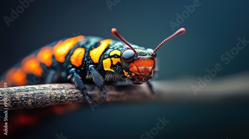 A close-up, ultrahigh definition macro shot of a vibrant caterpillar is skin, showcasing its intricate patterns and vivid colors with extraordinary detail photo