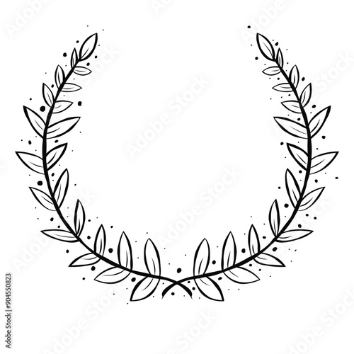 Black circular Hand draw foliate laurels branches. Laurel wreath. Vintage laurel, Heraldic trophy crest, Greek olive branch award, winner round emblem