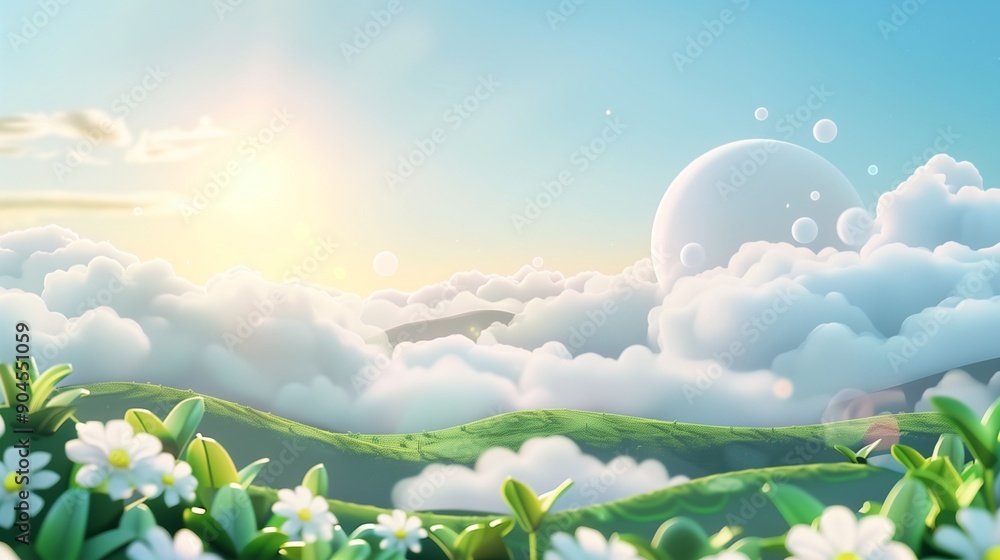 Obraz premium Enchanting Sunrise Over Dreamy Cloudscape with Blossoming Flowers - Peaceful Illustration for Fantasy Wallpaper and Nature Artwork
