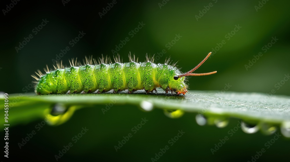 Close-up view of a vibrant green caterpillar with intricate textures and fine details, showcasing its segmented body and tiny bristles on a leaf Close-up view of a vibrant green caterpillar with intricate textures and fine details, showcasing its segmented body and tiny bristles on a leaf