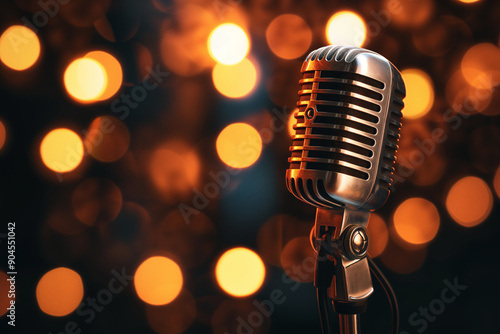 a microphone is sitting in front of a blurred background of lights