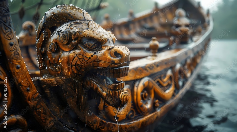 A boat with a dragon head on it is in the water A boat with a dragon head on it is in the water