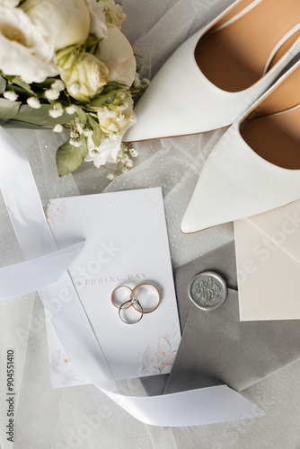 Bild auf Leinwand a pair of wedding shoes , a bouquet of flowers , a wedding invitation , and a pa