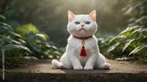 Fluffy white cat sitting and meditating on the garden to achieve peacefulness, feeling the wind breeze therein