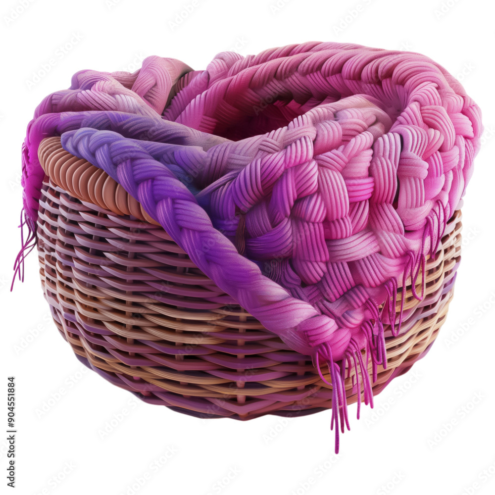 Fototapeta premium Vibrant woven basket with pink and purple woolen blanket, isolated on a transparent background, cozy decor concept.