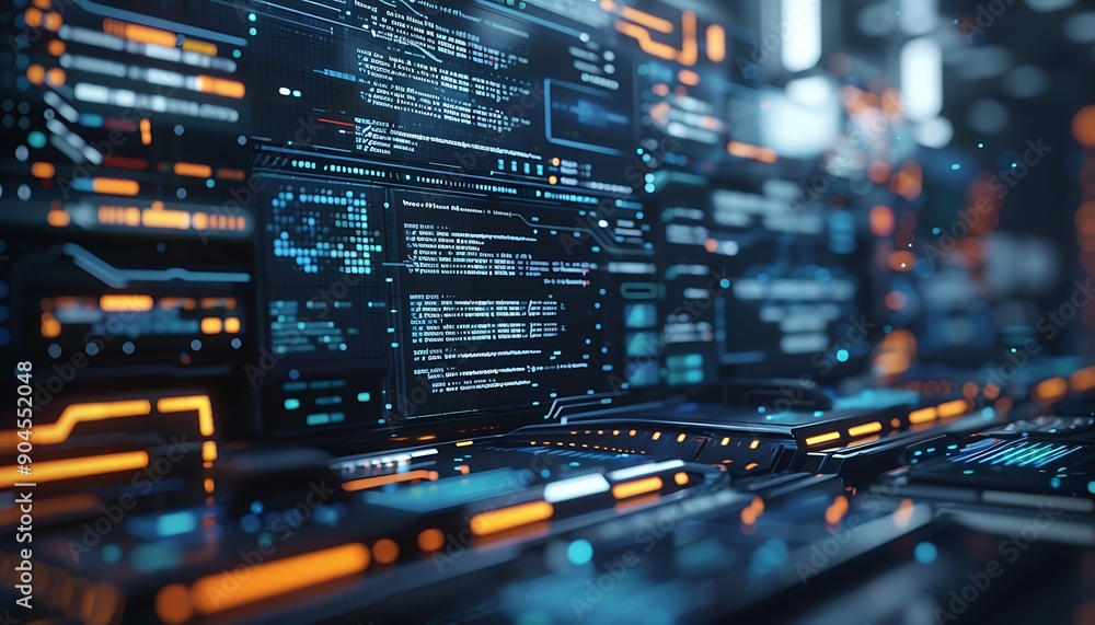 Obraz premium Closeup Futuristic Software Interface: Holographic Code and Digital Elements