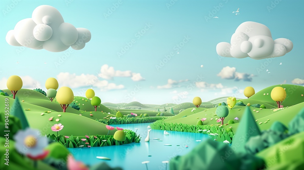 Naklejka premium Whimsical 3D Illustration of a Serene Countryside Landscape with Rolling Hills, Trees, and a Tranquil River