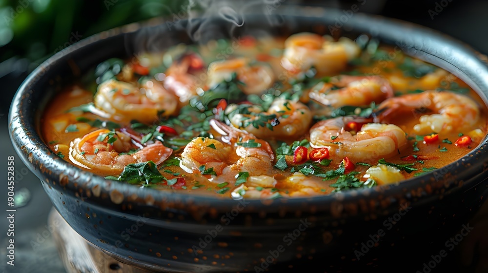 A bowl of shrimp soup with a lot of spices and herbs A bowl of shrimp soup with a lot of spices and herbs