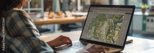 Woman working with cadastral map on laptop at table in office photo