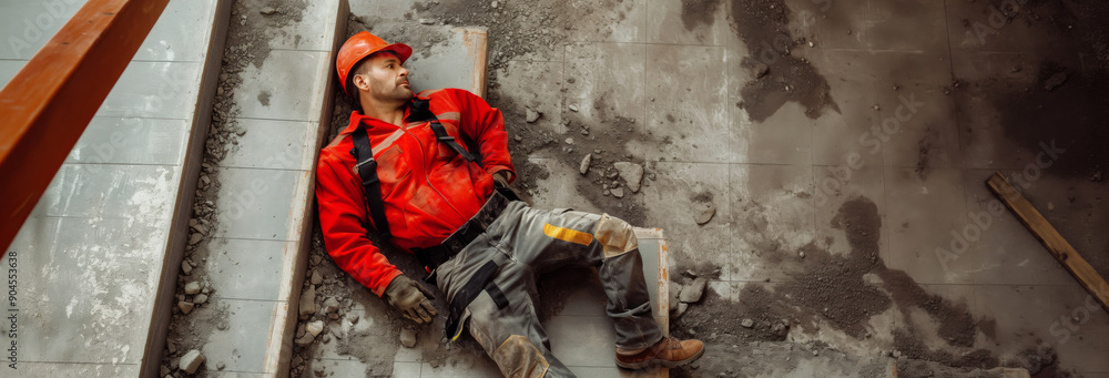Obraz premium construction site worker There was an accident falling down the stairs. lying unconscious on the floor