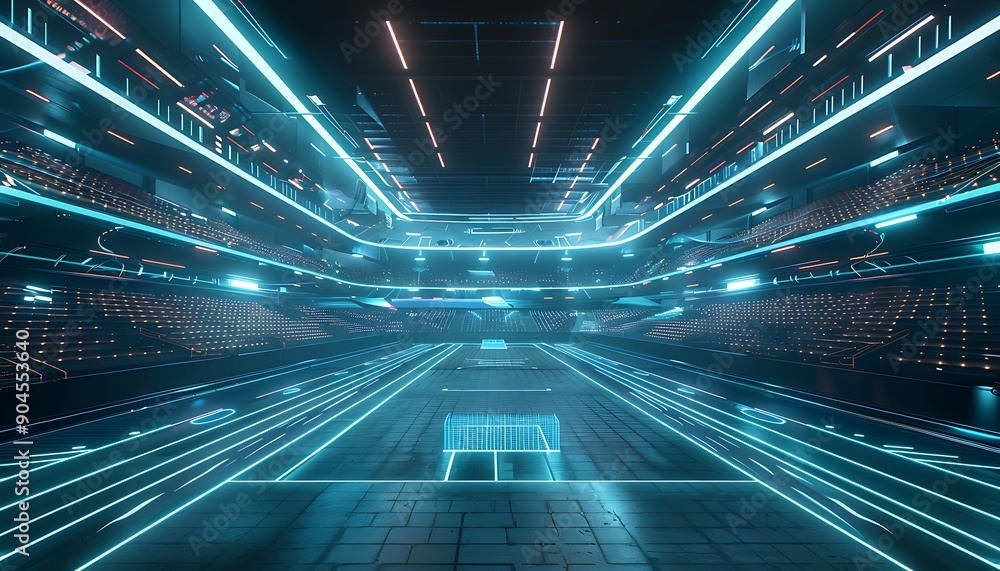 Futuristic Football Stadium: Sleek Design with Glowing LED Lights and Holographic Advertisements Futuristic Football Stadium: Sleek Design with Glowing LED Lights and Holographic Advertisements