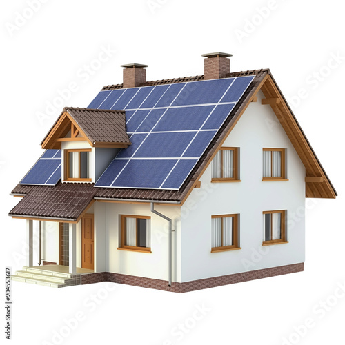 3D Model of Classic House with Solar Panels on Transparent Background Representing Sustainable Living Concepts