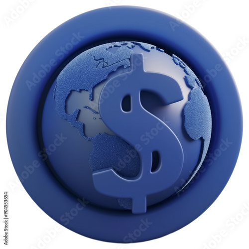 3D Blue Dollar Sign with Globe Design on Transparent Background Representing Global Economy and Finance photo