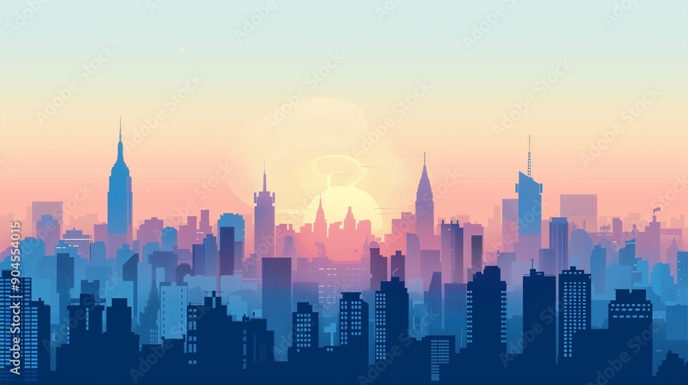Vibrant City Skyline at Sunrise Illustration – Urban Silhouette Against a Colorful Sky Vibrant City Skyline at Sunrise Illustration – Urban Silhouette Against a Colorful Sky