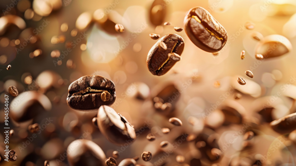 Coffee beans falling through the air with a soft, blurred background creating a dynamic and artistic effect Coffee beans falling through the air with a soft, blurred background creating a dynamic and artistic effect