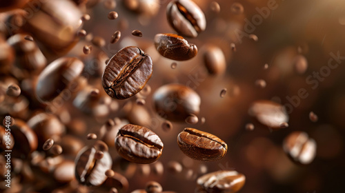 Coffee beans falling through the air with a soft, blurred background creating a dynamic and artistic effect