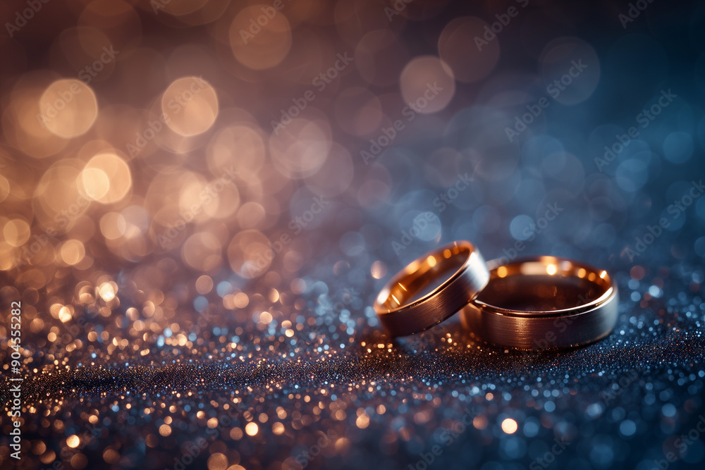 Gold wedding rings displayed on table in wedding ceremony theme Gold wedding rings displayed on table in wedding ceremony theme