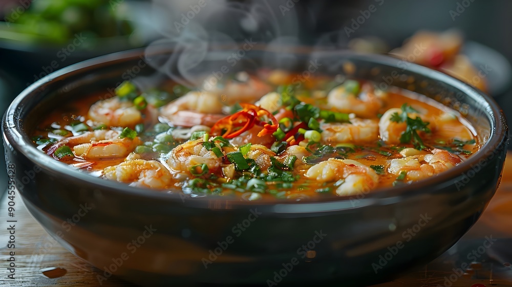 A bowl of shrimp soup with a lot of shrimp in it A bowl of shrimp soup with a lot of shrimp in it