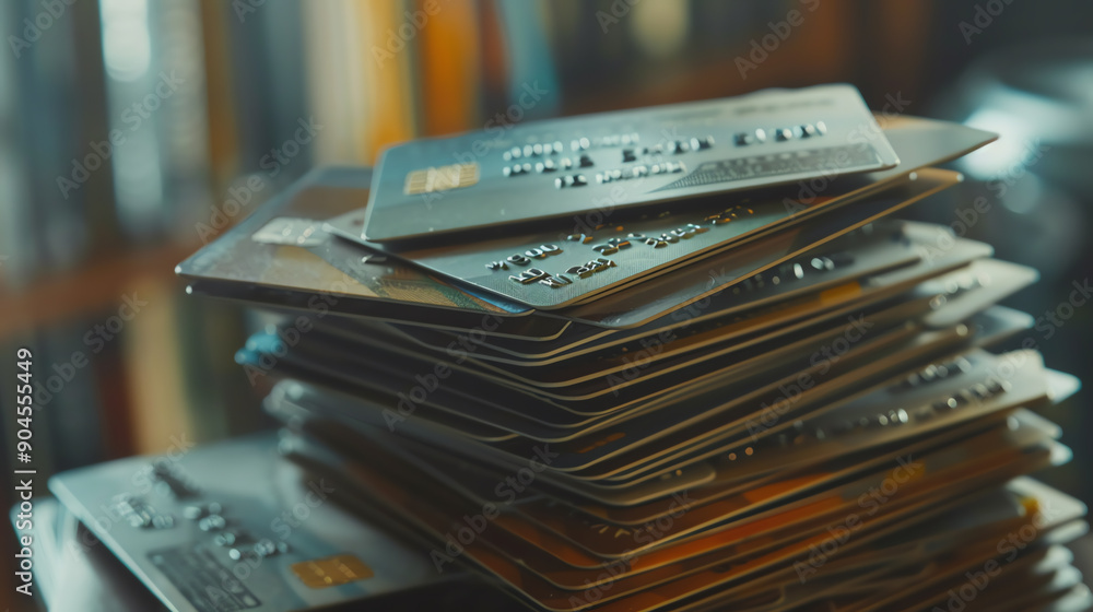 A stack of credit cards placed haphazardly, symbolizing financial transactions, debt, and banking. Perfect for financial or banking themes.