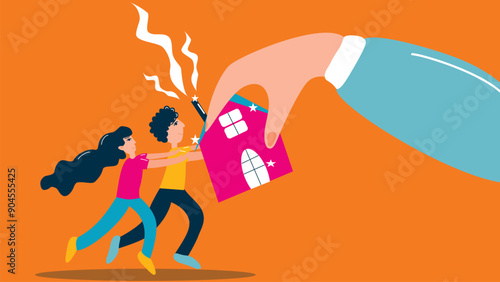 An illustration depicting a large hand taking away a house from two distressed individuals. The image symbolizes eviction, foreclosure, or the difficulty in paying back a mortgage loan. 