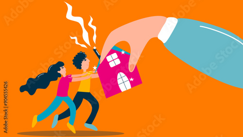 An illustration depicting a large hand taking away a house from two distressed individuals. The image symbolizes eviction, foreclosure, or the difficulty in paying back a mortgage loan. 