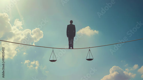 A man in a suit stands balanced on a tightrope in the sky, with scales hanging on both sides, symbolizing balance and justice. photo