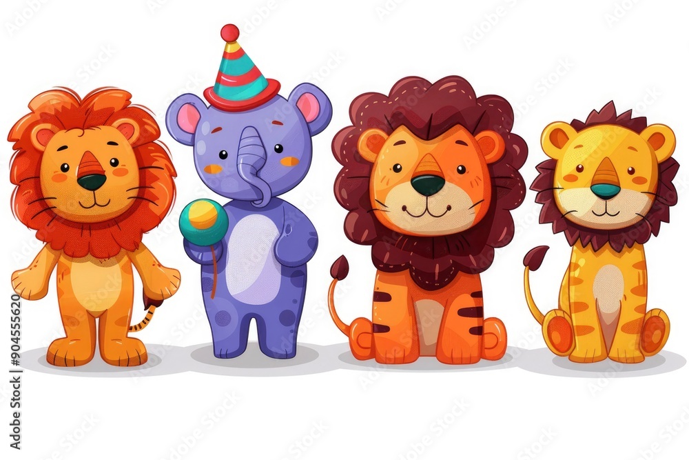 Naklejka premium Cute Cartoon Animals Set - Lion, Elephant and Tiger