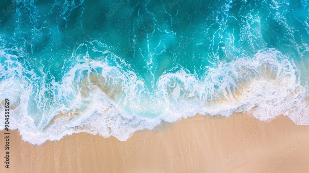 Fototapeta premium An aerial view captures the gentle embrace between the azure waves and the soft sandy beach, creating a tranquil and picturesque scene 