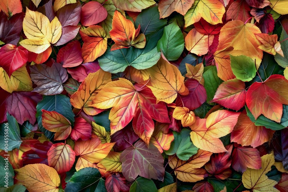 Fototapeta premium Close-up of fallen autumn leaves in red, orange, yellow colors.