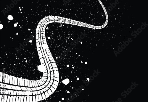 White tire tracks with skid marks on black background