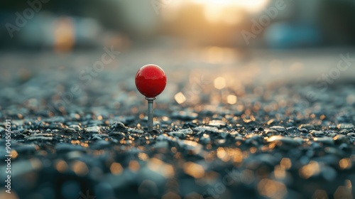 A single red ball sits atop a textured gravel surface