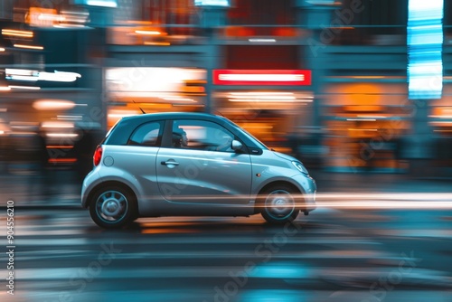 Fototapeta Naklejka Na Ścianę i Meble -  Urban transportation scene with a compact car navigating through the city streets