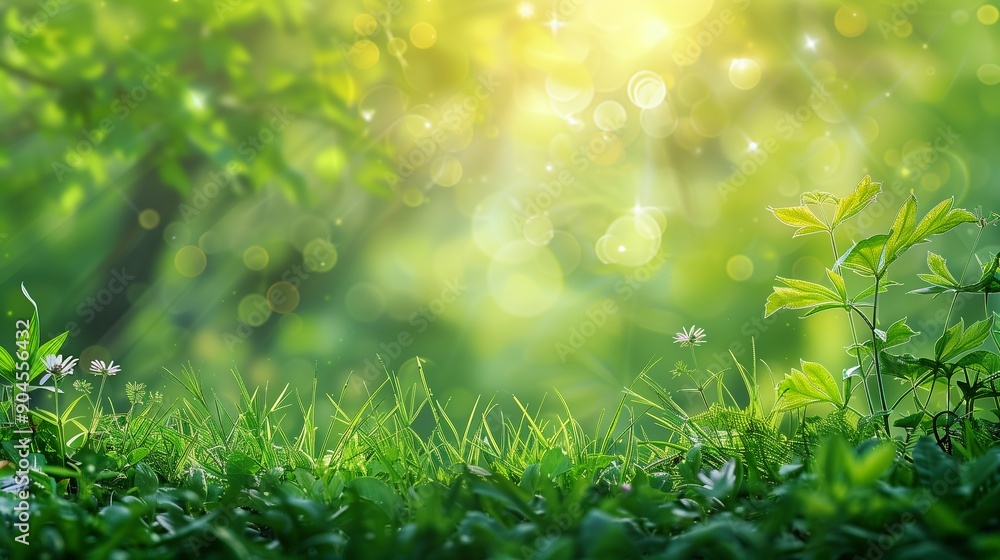 Beautiful Spring Meadow with Sunlight - Lush Green Grass and Wildflowers, Nature Illustration Background Beautiful Spring Meadow with Sunlight - Lush Green Grass and Wildflowers, Nature Illustration Background