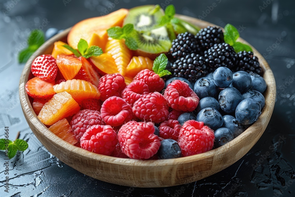 Bowl of healthy fresh berry fruit salad on dark background. Berries closeup colorful assorted mix of strawberry, blueberry, raspberry, blackberry, kiwi, apple slices. Healthy quick snack concept Bowl of healthy fresh berry fruit salad on dark background. Berries closeup colorful assorted mix of strawberry, blueberry, raspberry, blackberry, kiwi, apple slices. Healthy quick snack concept