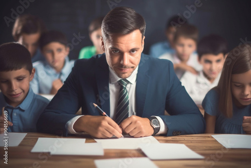 A teacher seated at a desk, assessing student tasks. Teacher's Day or Student's Day.