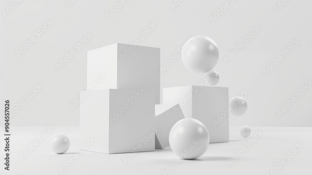 Abstract Minimalist Composition of White Cubes and Spheres. Abstract Minimalist Composition of White Cubes and Spheres.