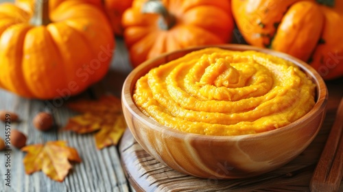 a wooden bowl filled with pumpkin mask mixture, with fresh pumpkins in the background photo