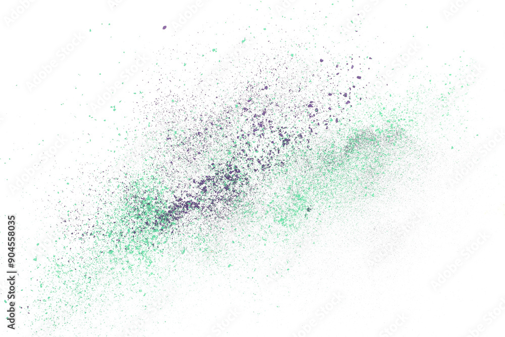 Fototapeta premium Colorful chalk pieces and powder flying, effect explode, isolated on white