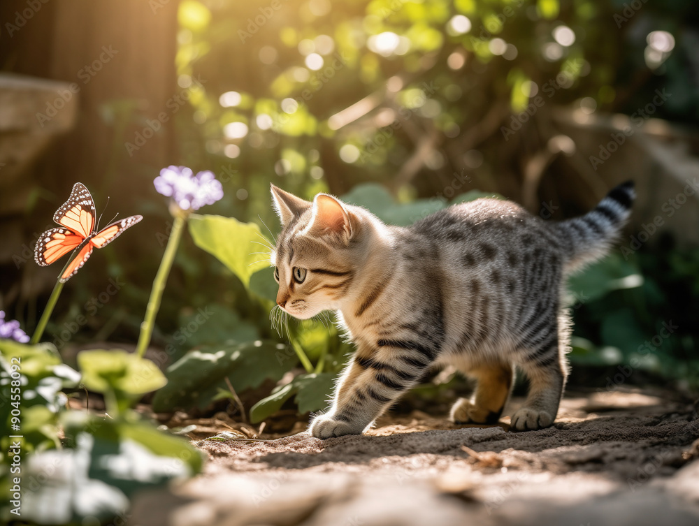 A playful kitten chasing a butterfly in a garden A playful kitten chasing a butterfly in a garden