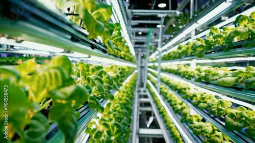 hydroponic vertical farm with artificial lights photo